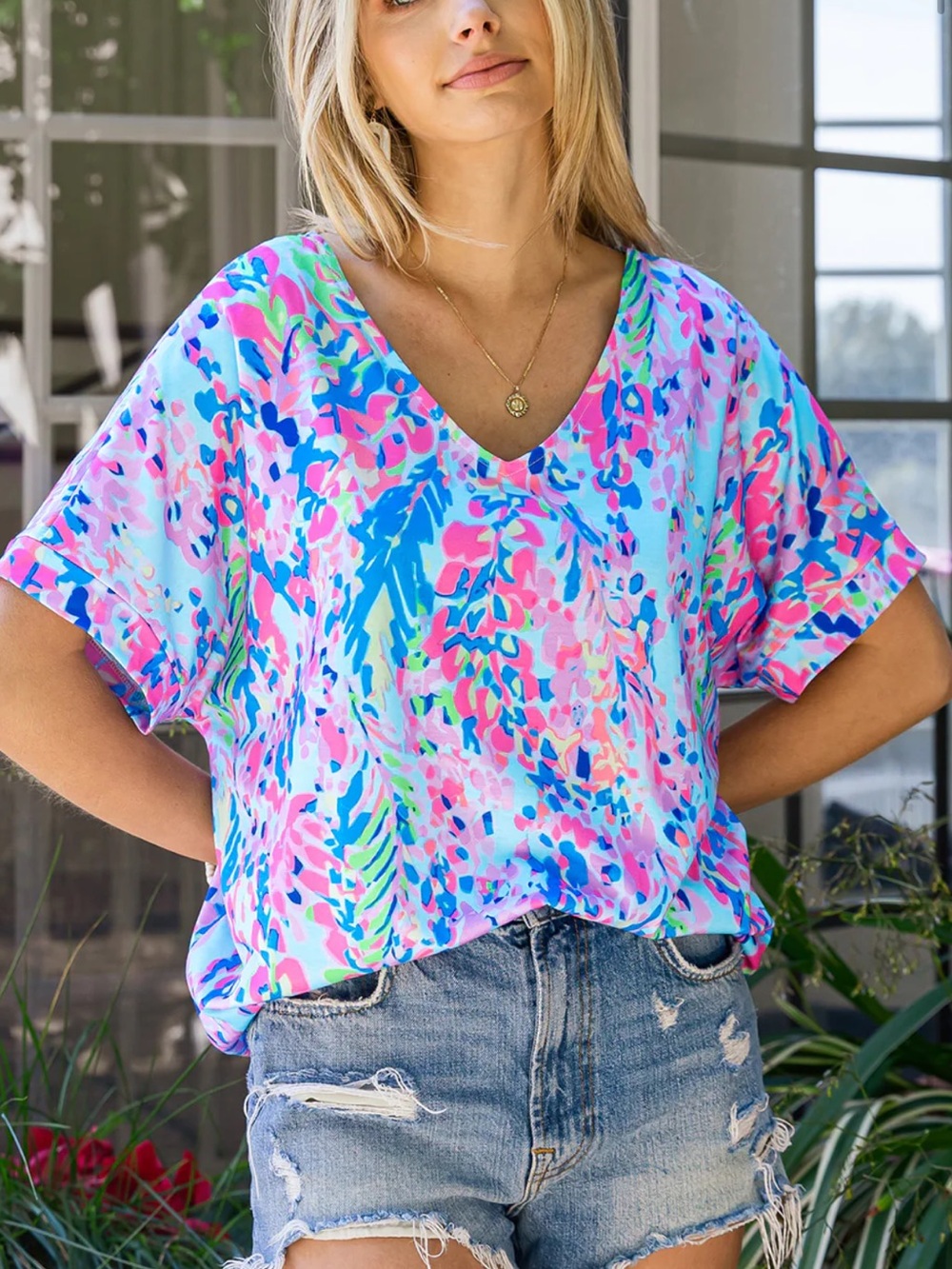 V-Neck Floral Print Top - Pink & Blue & Purple
